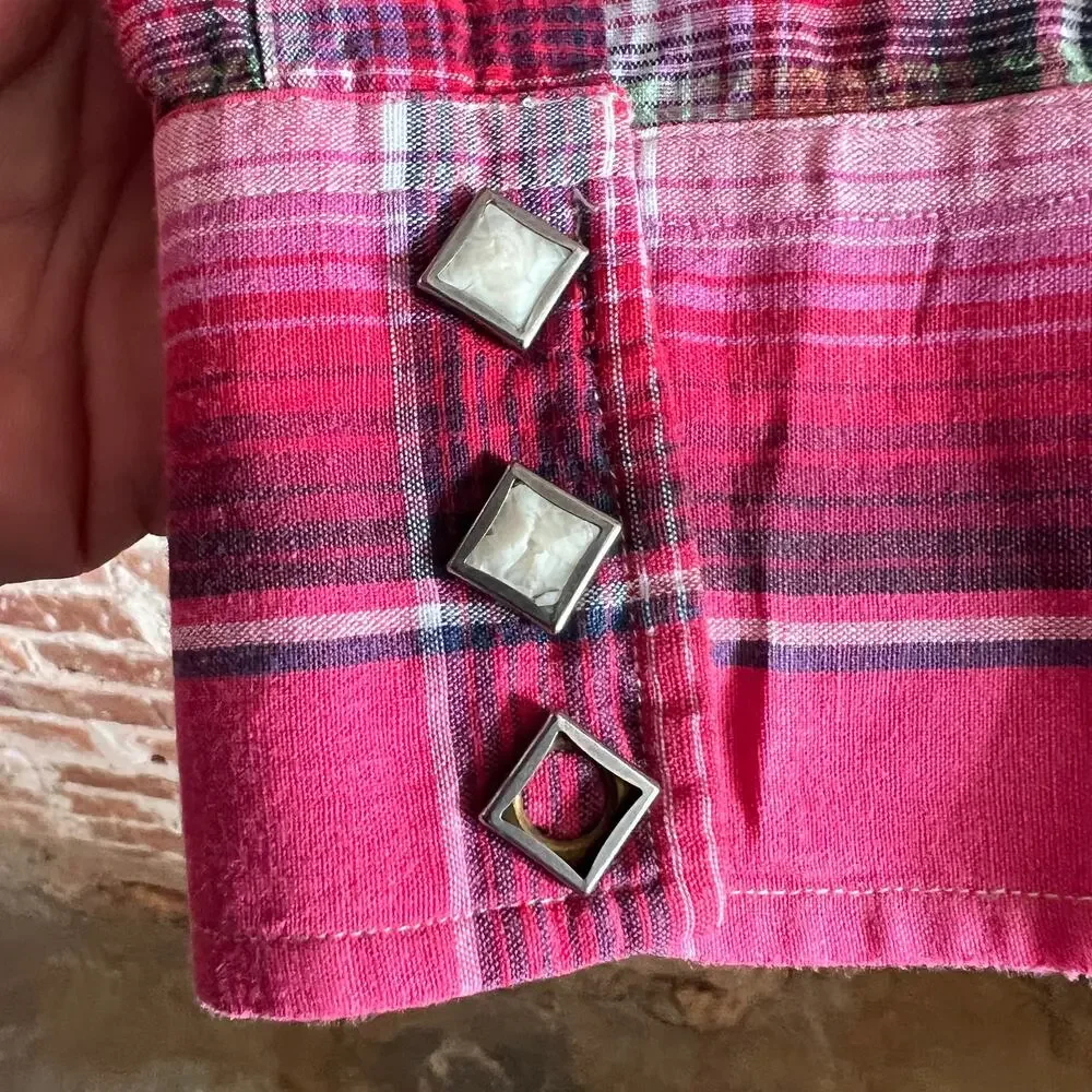 RARE VTG Polo Ralph Lauren Pink Plaid Men's Diamond Pearl Snap Shirt XXL 27x32 - Picture 5 of 6